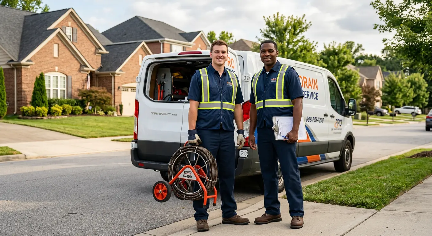 Sewer and drain service team with equipment ready for work in Belmont