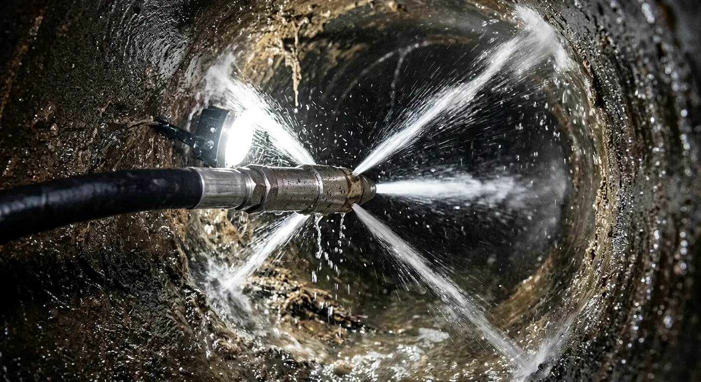 High-pressure hydro jetting nozzle cleaning sewer pipe for Trenchless Sewer Repair in Belmont