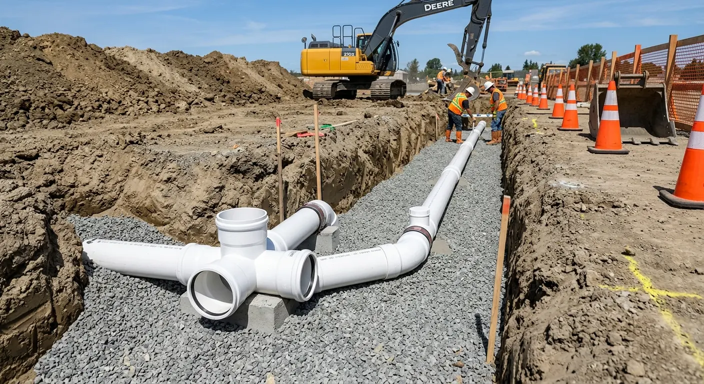 New PVC sewer pipe installation in open trench for Sewer Backup in Belmont