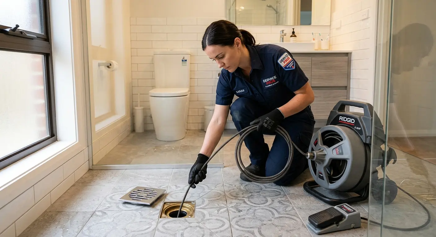 Technician clearing a bathroom floor drain for Sewer Line Installation in Belmont